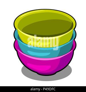 Une pile de bols de polymère de différentes couleurs isolé sur un fond blanc. Cartoon vector illustration close-up. Illustration de Vecteur