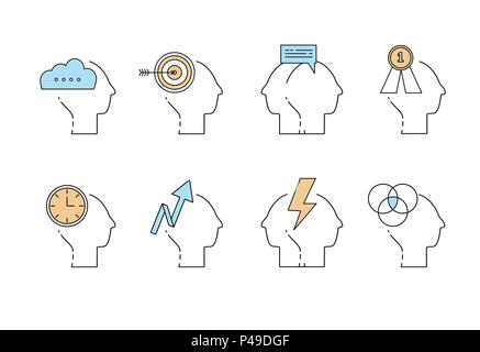 Tête d'homme esprit pensant vector icon set - affaires, argent, connexion, buts, motivation Illustration de Vecteur