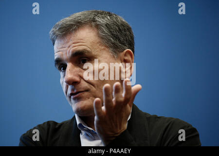 Luxembourg, Luxembourg. 21 juin 2018. Le ministre des Finances de la Grèce d'Euclid Tsakalotos réunion des ministres des finances de l'Eurogroupe au siège de l'UE au centre de conférence Kirchberg à Luxembourg le 21 juin 2018 Crédit : ALEXANDROS MICHAILIDIS/Alamy Live News Banque D'Images