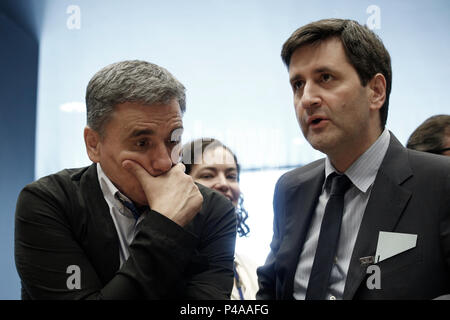 Luxembourg, Luxembourg. 21 juin 2018. Le ministre des Finances de la Grèce d'Euclid Tsakalotos réunion des ministres des finances de l'Eurogroupe au siège de l'UE au centre de conférence Kirchberg à Luxembourg le 21 juin 2018 Crédit : ALEXANDROS MICHAILIDIS/Alamy Live News Banque D'Images