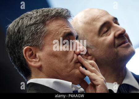 Luxembourg, Luxembourg. 21 juin 2018. Le ministre des Finances de la Grèce d'Euclid Tsakalotos réunion des ministres des finances de l'Eurogroupe au siège de l'UE au centre de conférence Kirchberg à Luxembourg le 21 juin 2018 Crédit : ALEXANDROS MICHAILIDIS/Alamy Live News Banque D'Images