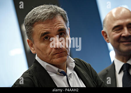 Luxembourg, Luxembourg. 21 juin 2018. Le ministre des Finances de la Grèce d'Euclid Tsakalotos réunion des ministres des finances de l'Eurogroupe au siège de l'UE au centre de conférence Kirchberg à Luxembourg le 21 juin 2018 Crédit : ALEXANDROS MICHAILIDIS/Alamy Live News Banque D'Images