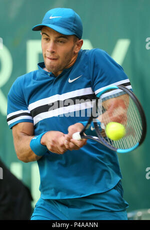 Halle, Allemagne. 21 Juin, 2018. Tennis, ATP Tour, des célibataires, des hommes, série de 16 : Borna Coric de Croatie en action contre Basilashvili de Géorgie. Credit : Friso Gentsch/dpa/Alamy Live News Banque D'Images