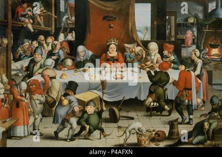 FESTIN BURLESCO - PINTURA FLAMENCA DEL SIGLO XVI - OLEO/TABLA - 98,5x146,5 cm. Auteur : Jan Mandijn (1500-1560). Lieu : Musée des Beaux-Arts, Bilbao, Biscaye, ESPAGNE. Banque D'Images