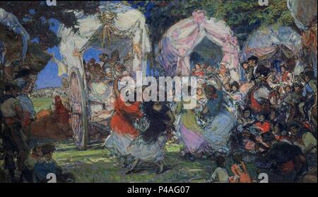 LA ROMERIA DEL ROCIO-ONU EN EL CAMINO ALTO-75 X 126 cm-NºINV82/2285. Auteur : Gonzalo Bilbao Martínez (1860-1938). Lieu : Musée des Beaux-Arts, Bilbao, Biscaye, ESPAGNE. Banque D'Images