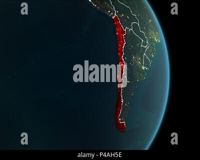 La carte du Chili en rouge vu de l'espace sur la planète Terre la nuit blanche avec des filets et les lumières de la ville. 3D illustration. Éléments de cette image furnis Banque D'Images