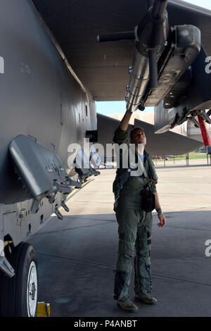 Le lieutenant-colonel Eric Schmidt, 334e Escadron de chasse directeur des opérations, effectue une inspection pré-vol le 17 juin 2016, à Seymour Johnson Air Force Base, la Caroline du Nord. Schmidt a volé sa dernière mission dans le F-15E Strike Eagle, éclipsant 3 000 heures dans le processus. (U.S. Air Force photo/Tech. Le Sgt. Chuck Broadway) Banque D'Images