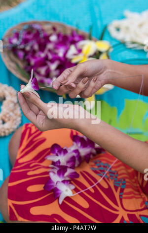 Femme préparant lei garland dans le jardin Banque D'Images
