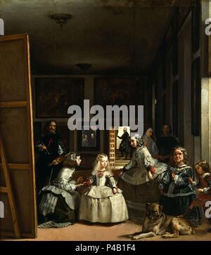 'Las Meninas, ou la famille de Felipe IV", ca. 1656, huile sur toile, 318 cm x 276 cm, P01174 (après restauration). Auteur : Diego Velázquez (1599-1660). Emplacement : Museo del Prado-PINTURA, MADRID, ESPAGNE. Banque D'Images