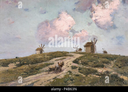 Vasilkovsky Sergei Ivanovitch - Paysage aux moulins à vent et en chariot à cheval Banque D'Images