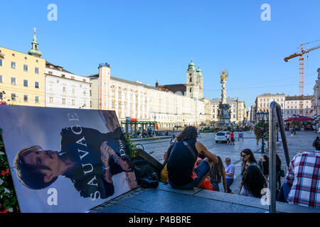 Linz, Hauptplatz (place principale), Dreieinigkeitssäule (colonne de la Trinité), Alter Dom (ancienne cathédrale), affiche, Donau, Oberösterreich, Autriche, Autriche Banque D'Images