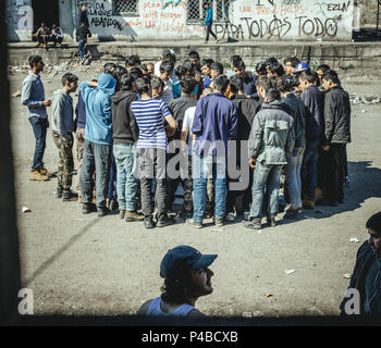 Entrepôt à Belgrade, en Serbie. En mars, le nombre de réfugiés, principalement d'Afghanistan et le Pakistan est en hausse. De plus en plus d'enfants et de jeunes sont arrivés. Volontaires de différents pays sont l'organisation de projets dans et autour de l'entrepôt, en fournissant de la nourriture et des vêtements et du bois et d'ateliers. Au cours des derniers mois une infrastructure adéquate de solidarité s'est développée dans ce domaine au coeur de Belgrade. Banque D'Images