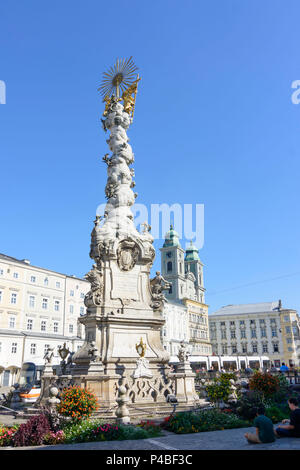 Linz, Hauptplatz (place principale), Dreieinigkeitssäule (colonne de la Trinité), Alter Dom (ancienne cathédrale), Donau, Oberösterreich, Autriche, Autriche Banque D'Images