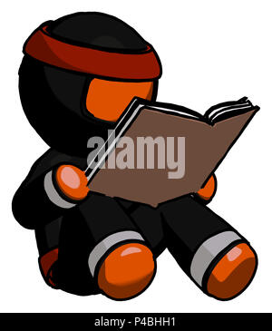 Guerrier ninja Orange Man reading book en restant assis. Banque D'Images