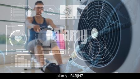 Image composée de données statistiques sur l'arrière-plan dans la salle de sport femme Banque D'Images