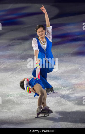 La PRK (Corée du Nord) deux patineurs Tae Ok Ryom et Ju Sik Kim effectuer au Gala de patinage artistique à l'exposition Jeux Olympiques d'PyeongCha Banque D'Images