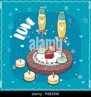 Composition romantique sur planche de bois, des verres de champagne ou de cidre et de deux anneaux de mariage dans coffret en forme de coeur. Le lettrage de l'amour. Hand drawn com Illustration de Vecteur