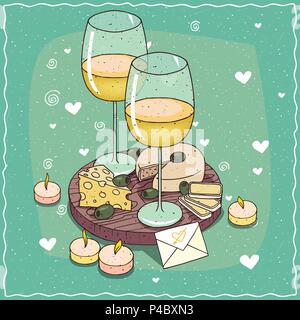 Composition romantique sur planche de bois, verres de vin ou de cidre, olives et assiette de fromage par la rouille, avec des trous. À côté des bougies et enveloppe. Hand drawn Illustration de Vecteur