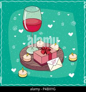 Composition romantique sur planche de bois, verre de vin rouge avec petite boîte cadeau élégante dans des tons roses avec noeud et l'enveloppe avec coeur. La bande dessinée à la main Illustration de Vecteur