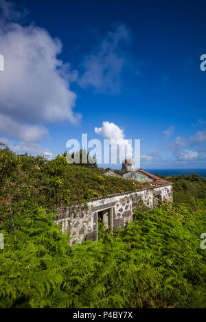 Le Portugal, Açores, île de Faial, Norte Pequeno, ruines du bâtiment endommagé par l'éruption volcanique du volcan Capelinhos Banque D'Images