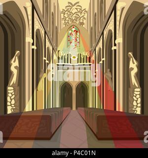 Belle vue à l'intérieur de l'église cathédrale. Intérieur de la Basilique Catholique avec rayons de soleil multicolore de vitrail. Dessiner à main réaliste simplifiée comi Illustration de Vecteur