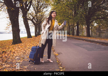 Businesswoman hailing sur le bas-côté de la route Banque D'Images