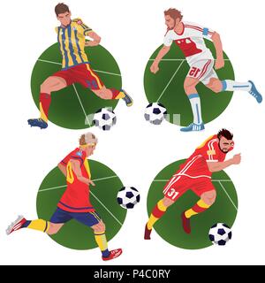 Ensemble d'emblèmes ou autocollants ronds avec l'exécution de soccer ou de football les joueurs de différentes équipes, fond blanc. Style réaliste Illustration de Vecteur