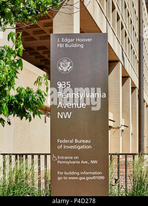 Washington DC, USA-Juin 5, 2018 : J. Edgar Hoover FBI Building Sign Banque D'Images