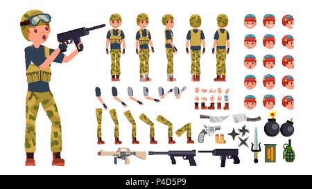 Homme soldat vecteur. Création de personnages animés. L'homme militaire pleine longueur, avant, Côté, Vue de dos, accessoires, pose des gestes, des émotions, du visage. La guerre. Soldat de l'uniforme. Illustration Illustration de Vecteur