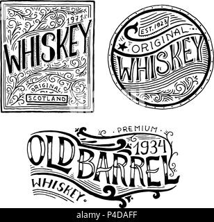 Whiskey américain Vintage badge. Les étiquette avec éléments calligraphiques. Croquis dessinés à la main, gravé lettrage pour t-shirt. Cadre classique pour bouteilles poster bannière. Verre à liqueur forte. Illustration de Vecteur