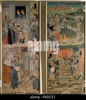 SAN SEBASTIAN HABLA UN MARCOS Y UNE MARCELIANO/SAN SEBASTIAN Y SAN POLICARPO DESTRUYENDO IDOLOS - MARTIRIO DE SAN SEBASTIAN Y SAN POLICARPO - 1470. Auteur : Pedro García de Benavarre (d. 1485). Emplacement : Museo del Prado-PINTURA, MADRID, ESPAGNE. Banque D'Images