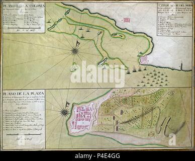 PLANO DE LA COLONIA DEL SACRAMENTO SITUADO EN EL RIO DE LA PLATA- PLANO DE LA PLAZA - 1777. Lieu : MUSÉE NAVAL / MINISTERIO DE MARINA, MADRID, ESPAGNE. Banque D'Images