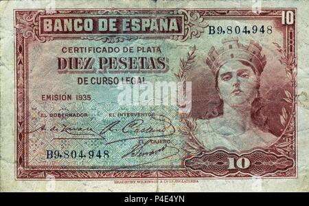 BILLETE DE DIEZ PESETAS DEL BANCO CENTRAL - 1935 - ANVERSO. Banque D'Images