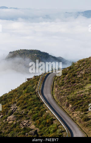 Courbant route de montagne dans la brume, Parc National de Peneda-Geres, Portugal Banque D'Images