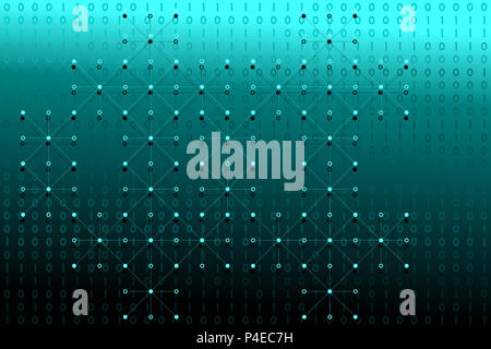 Les données binaires numériques avec des points blancs et des lignes réseau sur background. Banque D'Images