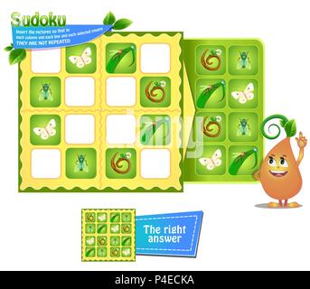 Jeu de sudoku pour les enfants avec des images d'insectes. Fiche d'activités pour les enfants. La logique de formation, jeu éducatif Illustration de Vecteur