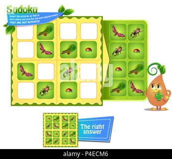 Jeu de sudoku pour les enfants avec des images d'insectes. Fiche d'activités pour les enfants. La logique de formation, jeu éducatif Illustration de Vecteur