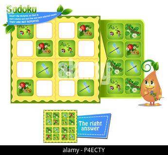 Jeu de sudoku pour les enfants avec des images d'insectes. Fiche d'activités pour les enfants. La logique de formation, jeu éducatif Illustration de Vecteur