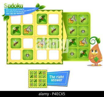 Jeu de sudoku pour les enfants avec des images d'insectes. Fiche d'activités pour les enfants. La logique de formation, jeu éducatif Illustration de Vecteur