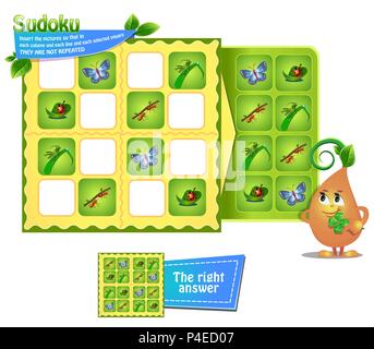 Jeu de sudoku pour les enfants avec des images d'insectes. Fiche d'activités pour les enfants. La logique de formation, jeu éducatif Illustration de Vecteur