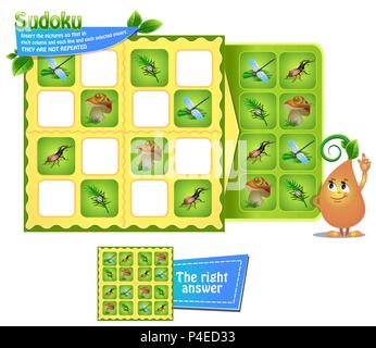 Jeu de sudoku pour les enfants avec des images d'insectes. Fiche d'activités pour les enfants. La logique de formation, jeu éducatif Illustration de Vecteur