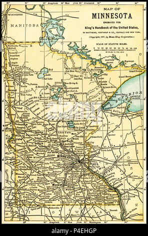 Minnesota Carte Antique 1891 : Carte du Minnesota à partir d'une guide 1891 : 'King's Hand-Book des États-Unis." Date de publication : 1891. Moïse King (1853 1909) était un éditeur américain et éditeur de livres de voyage. Banque D'Images