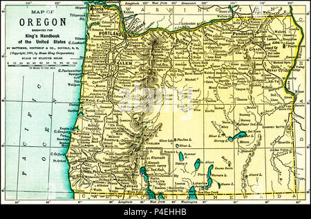 Oregon Carte Antique 1891 : Site d'un guide 1891 : 'King's Hand-Book des États-Unis." Date de publication : 1891. Moïse King (1853 1909) était un éditeur américain et éditeur de livres de voyage. Banque D'Images