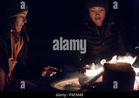 Deux femmes assises autour d'un feu de camp toasting marshmallows Banque D'Images