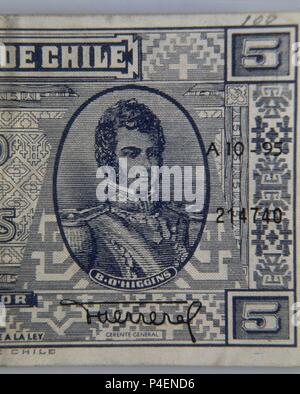 RETRATO DE Bernardo O'HIGGINS (1778-1842) EN UN BILLETE DE CINCO PESOS - MALLET FIGURA MILITAR EN FONDAMENTAUX LA INDEPENDENCIA HISPANOAMERICANA. Banque D'Images