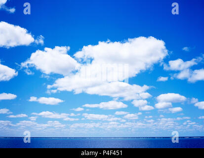 Ciel bleu avec des nuages blancs au-dessus de l'horizon de l'océan Pacifique à la Grande Barrière de Corail, Queensland, Australie. Banque D'Images
