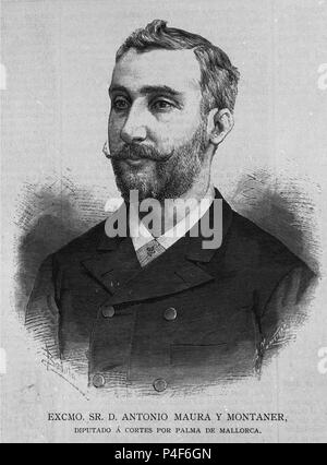 RETRATO DE ANTONIO MAURA Y MONTANER - 1853/1925 - DIPUTADO A POR PALMA DE MAJORQUE - GRAVURE S. Emplacement : BIBLIOTECA NACIONAL-COLECCION, MADRID, ESPAGNE. Banque D'Images