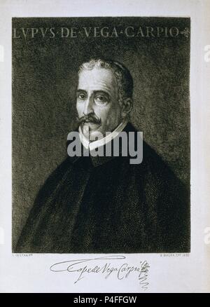 Portrait de Félix Lope de Vega Carpio (1562-1635) (b/w) photo - gravure. Auteur : B. Maura (xixe s.). Emplacement : ACADEMIA DE LA LENGUA-COLECCION, MADRID, ESPAGNE. Aussi connu sous : RETRATO DE LOPE DE VEGA CON FIRMA AUTOGRAFA. Banque D'Images