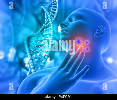 3D render of a des antécédents médicaux avec la figure masculine dans la douleur de gorge holding avec cellules virus Banque D'Images