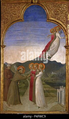 Le Mariage mystique de Saint François avec la chasteté, pauvreté et obéissance - 15e siècle - 94x56 cm - huile sur panneau - école siennoise. Auteur : Sassetta (ch. 1392-c. 1450). Lieu : Musée Condé, Chantilly, France. Aussi connu sous : DESPOSORIOS MISTICOS DE SAN FRANCISCO CON LA POBREZA. Banque D'Images